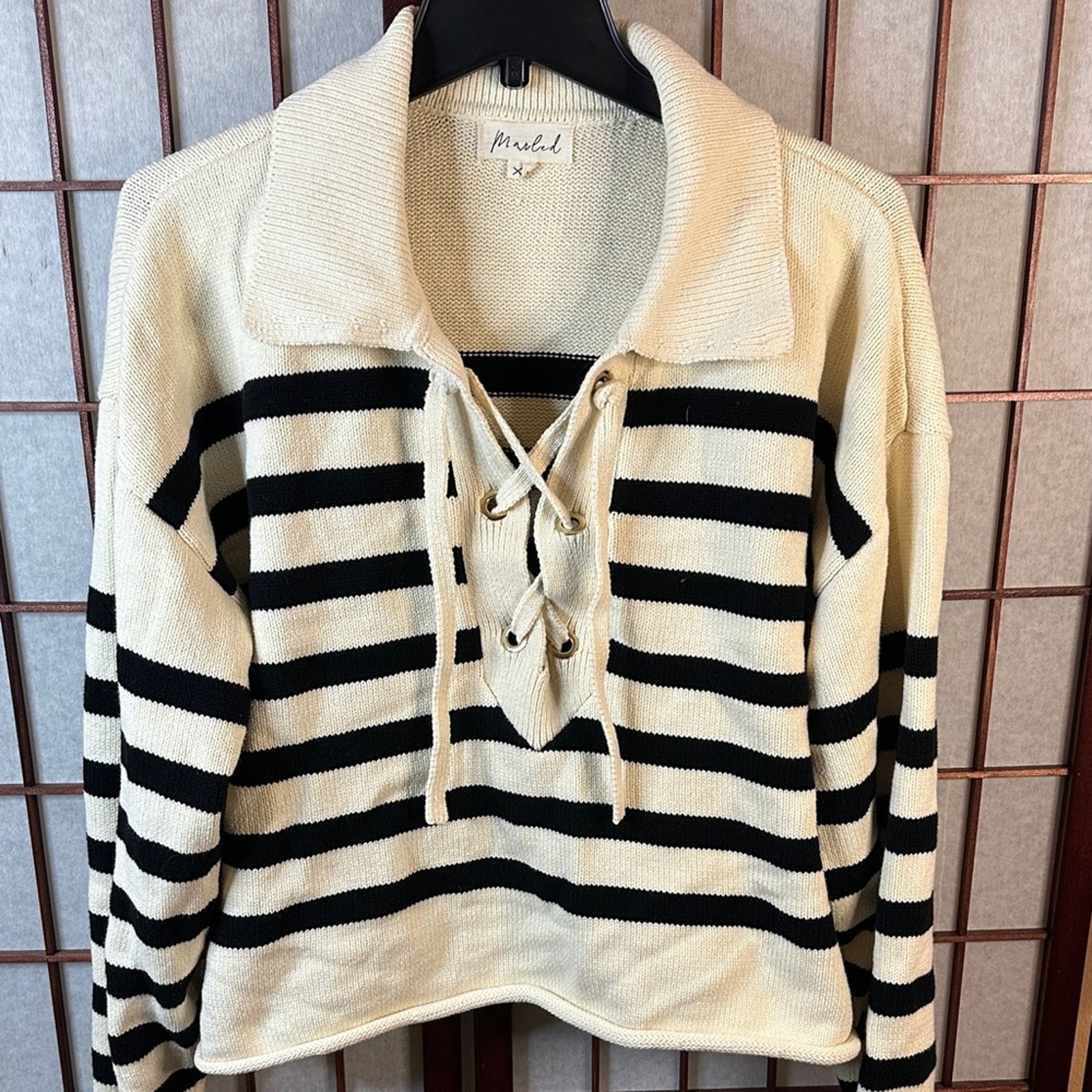 Marled Black And Cream Striped Lace-Up Sweater
